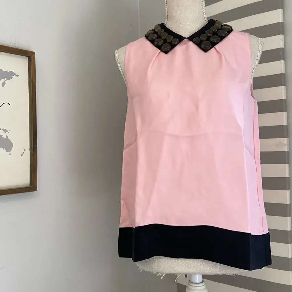 Kate Spade Pink & Black Jeweled Embellished Chic Peter Pan Collar Blouse Size 6